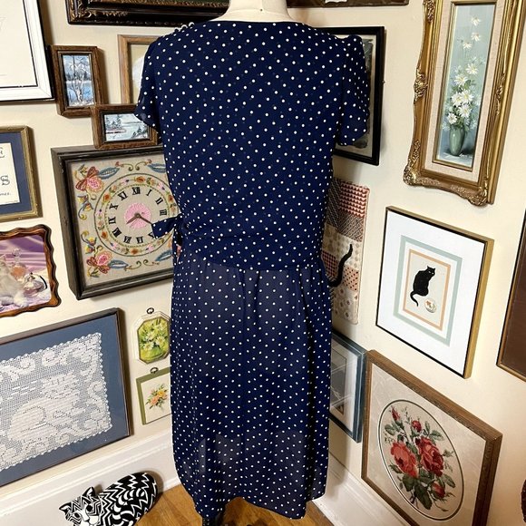 80s Vintage Navy Blue and White Scoop Neck Tulip Sleeve Dress with Side Ties XL - Picture 3 of 6